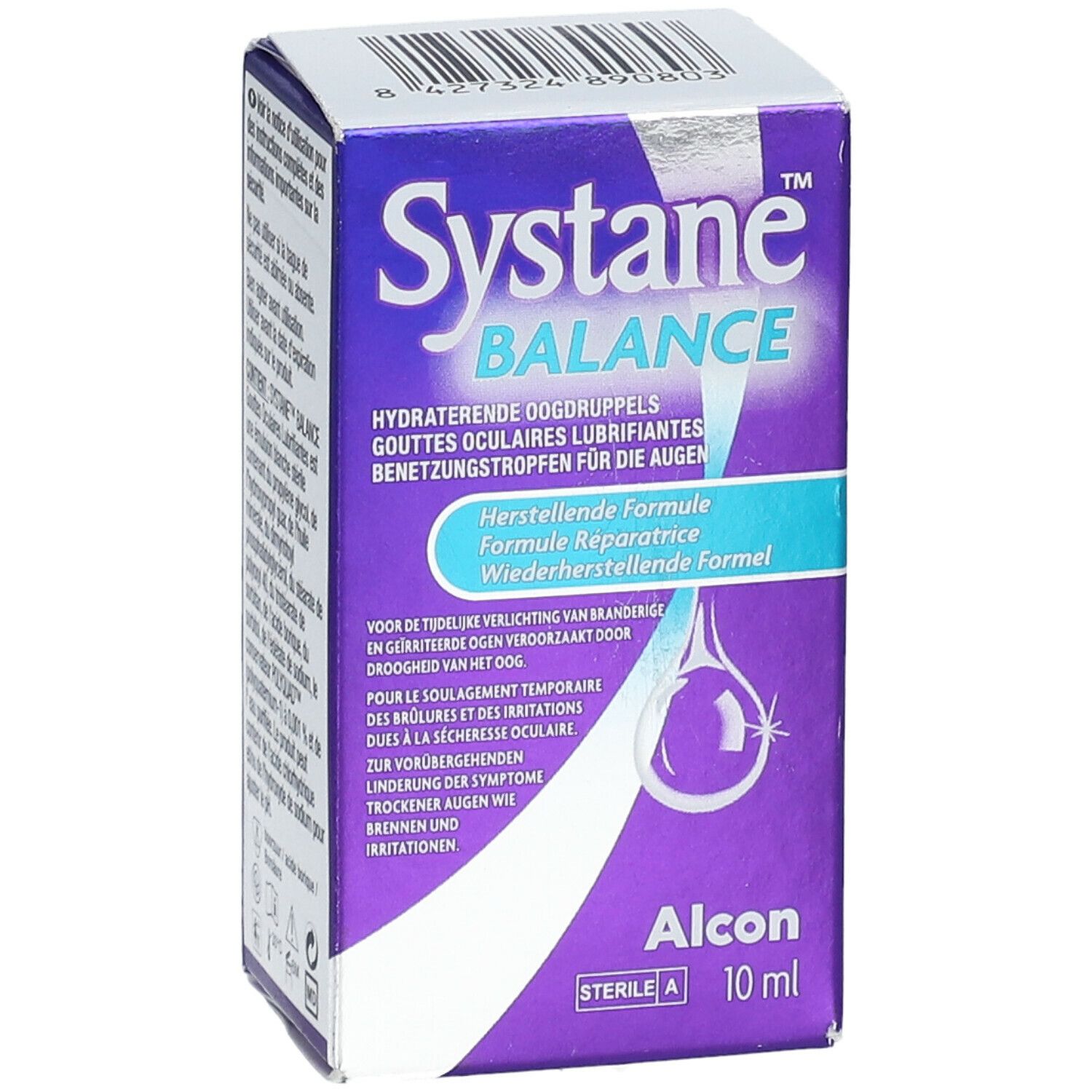Boîte de gouttes ophtalmiques Systane Balance. Boîte violette et blanche avec nom et goutte. 10 ml.