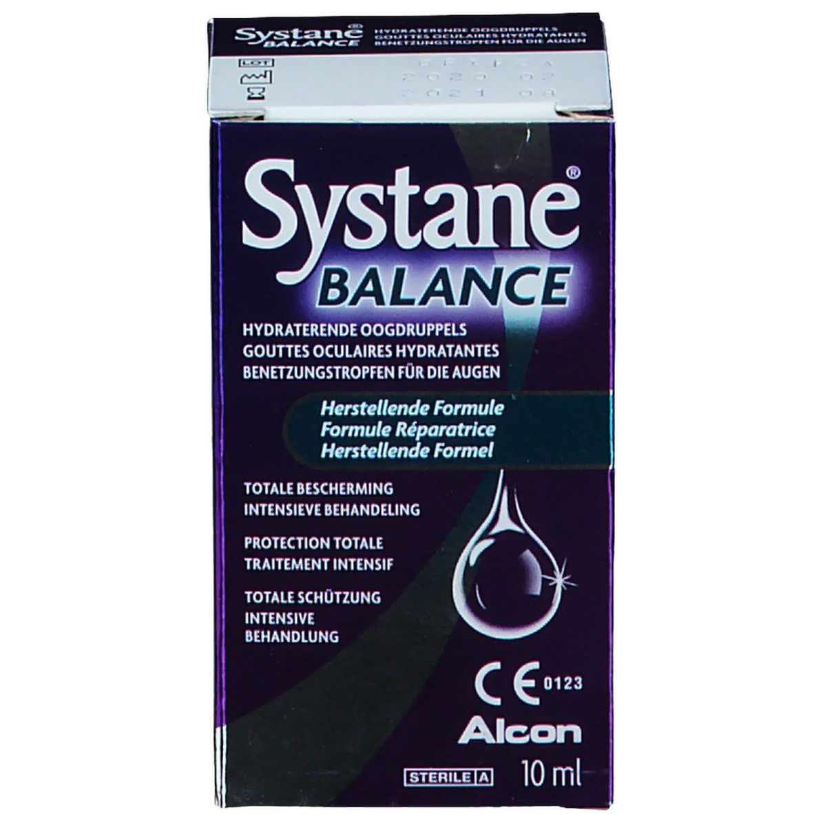 Boîte de gouttes ophtalmiques Systane Balance. Boîte violette et blanche avec nom et goutte. 10 ml. Alcon.