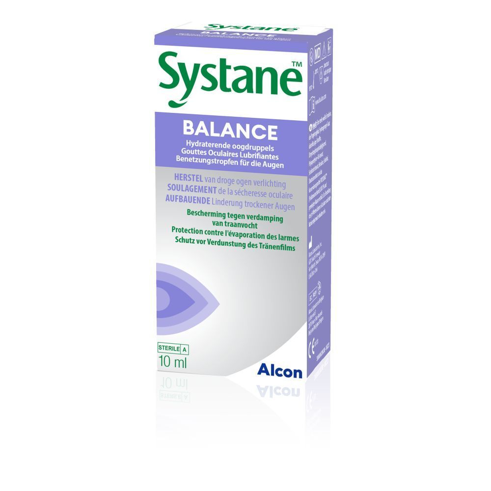 Boîte de gouttes ophtalmiques Systane Balance. Boîte violette et blanche avec nom et goutte. 10 ml. Alcon.