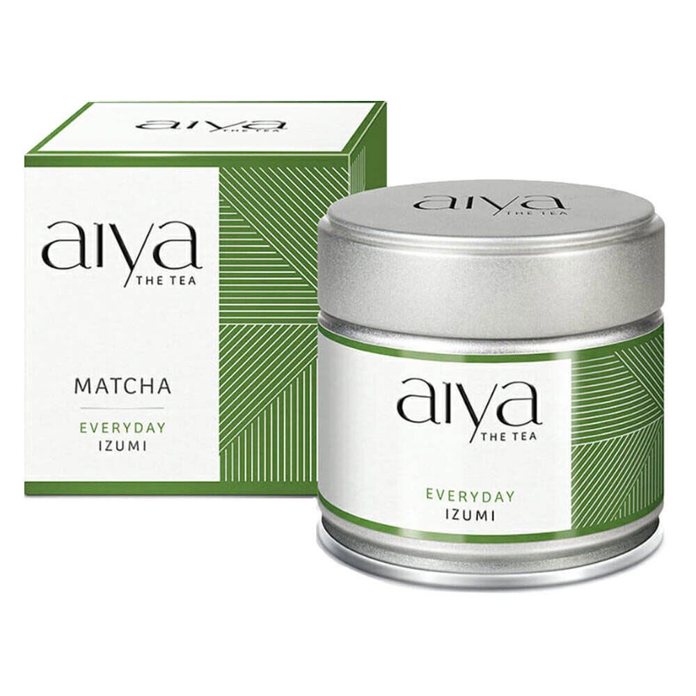 Boîte et emballage de matcha. Boîte avec "Aiya", "Everyday Izumi". Emballage avec "Matcha" et "Aiya".
