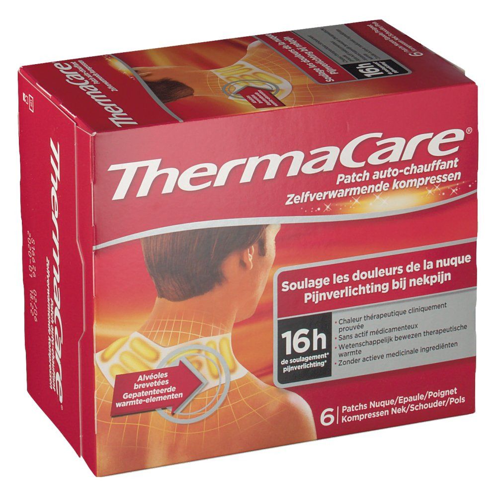 Rode ThermaCare®-verpakking met productafbeelding. Tekst: Patch auto-chauffant, 6 kompressen. 16 uur pijnverlichting.