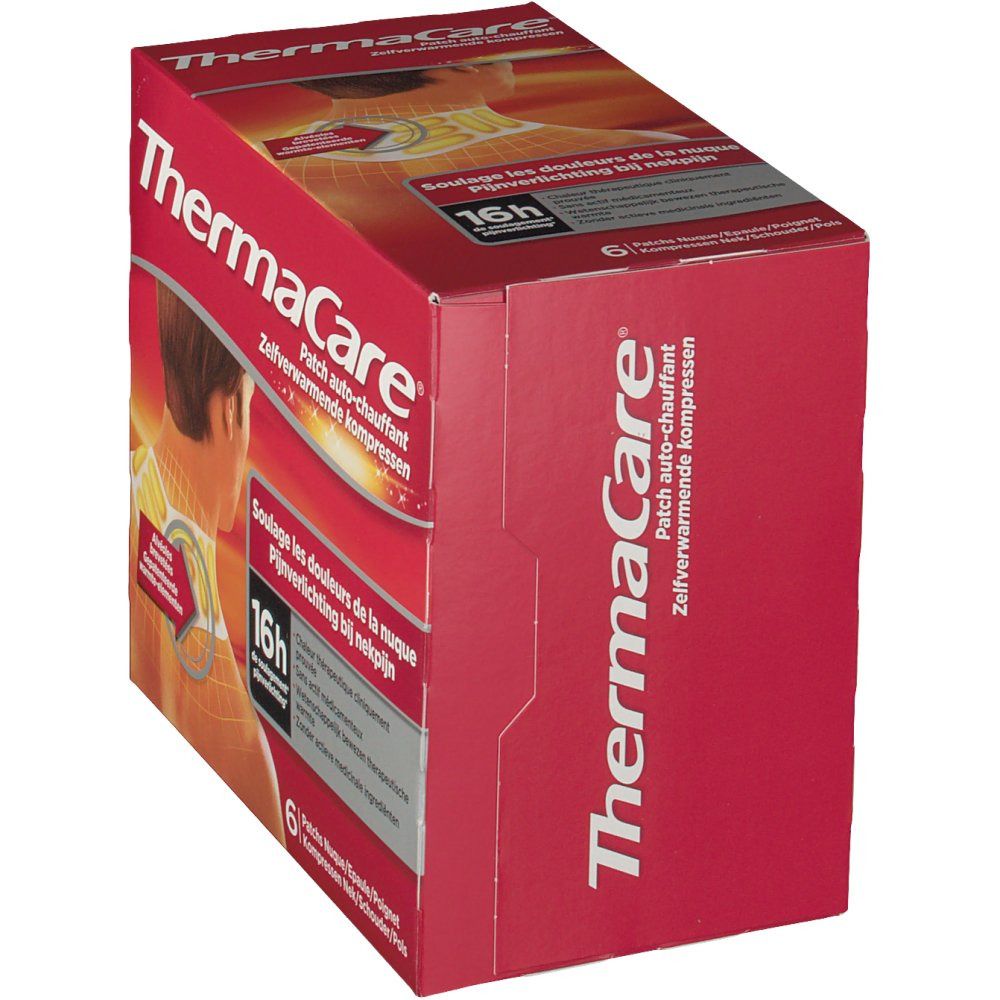 Rode ThermaCare®-verpakking, schuin. Tekst: Patch auto-chauffant, 6 kompressen. 16 uur pijnverlichting. Productafbeelding.