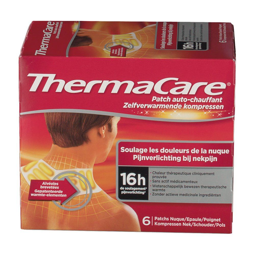 Rode ThermaCare®-verpakking met productafbeelding. Tekst: Patch auto-chauffant, 6 kompressen. 16 uur pijnverlichting.