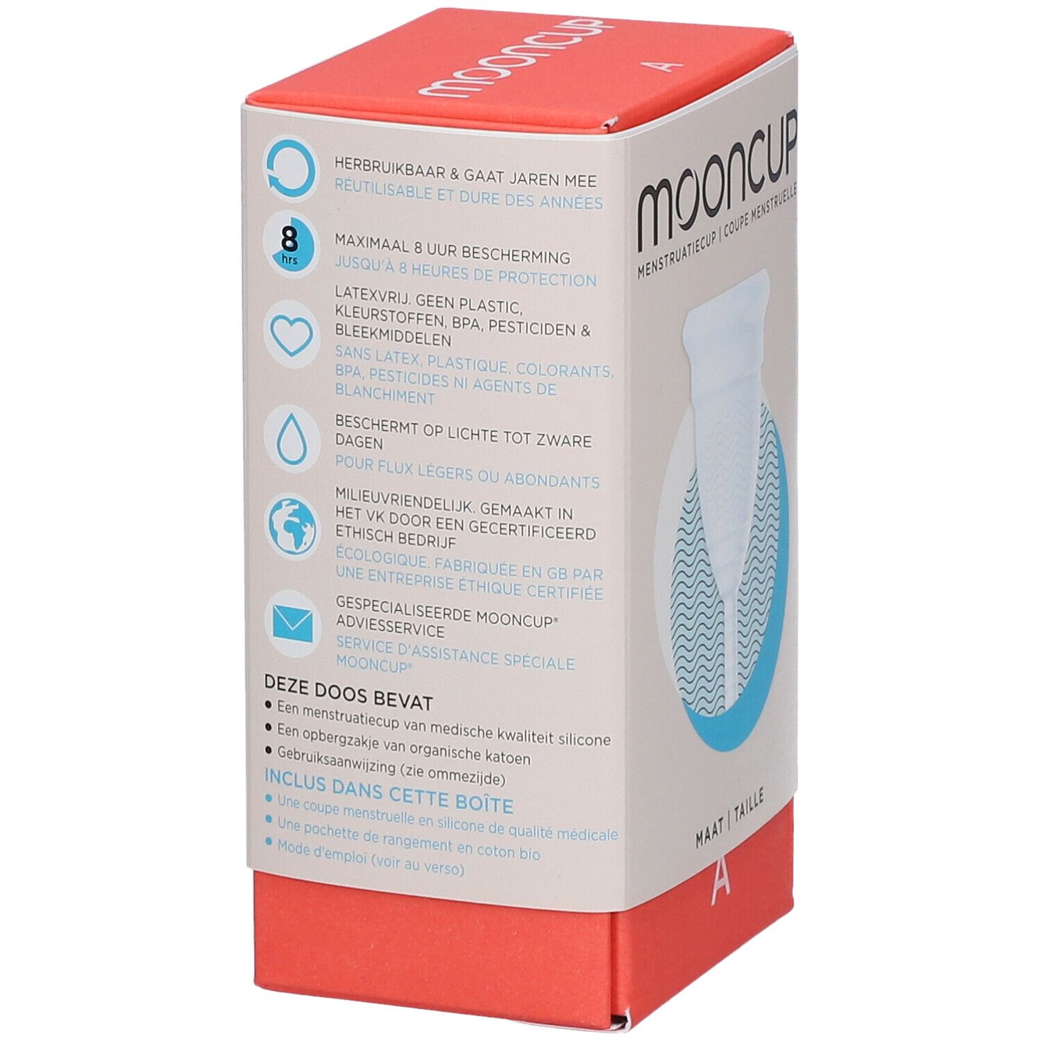 Dos de la boîte Mooncup. Informations textuelles : 8 heures de protection, sans latex, sans BPA, pour flux léger à abondant.