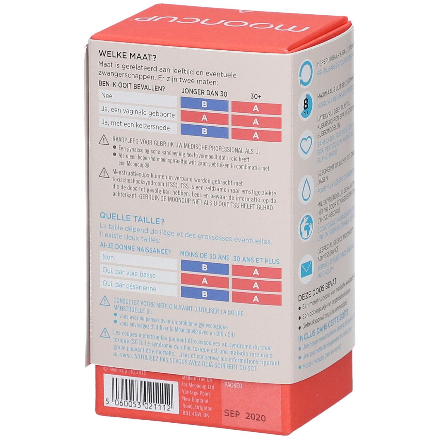 Dos de la boîte Mooncup. Informations sur le choix de la taille : A ou B, selon l'âge et les accouchements.