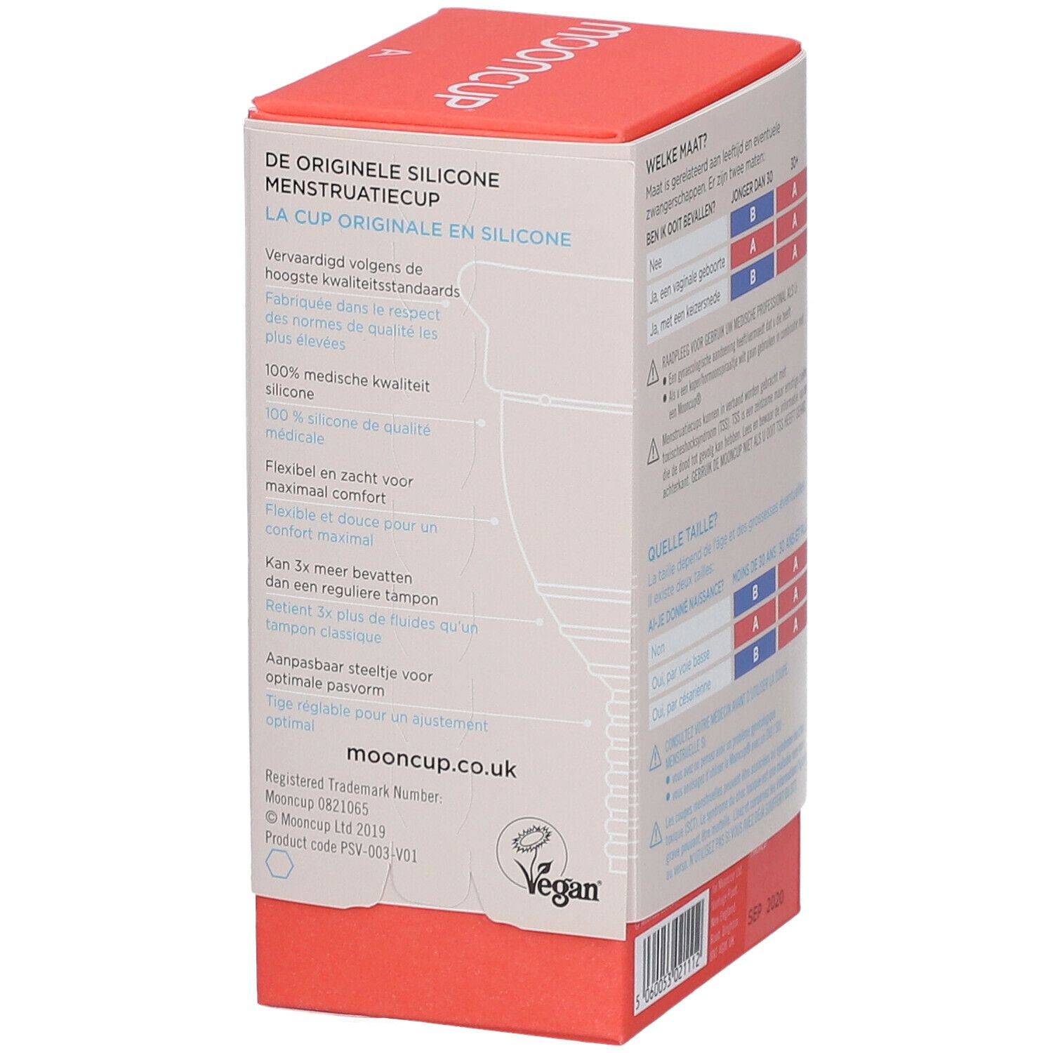 Dos de la boîte Mooncup. Texte : Coupe menstruelle en silicone originale. Logo végan.