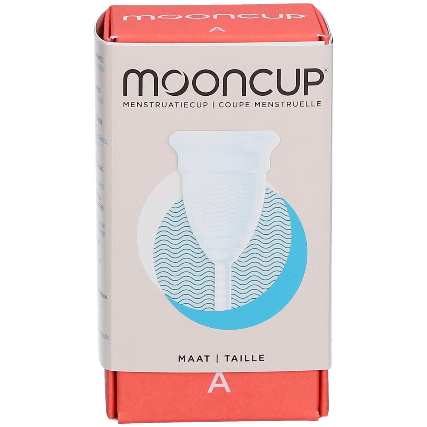 Boîte Mooncup. Coupe menstruelle taille A. Produit blanc. Marque Mooncup.