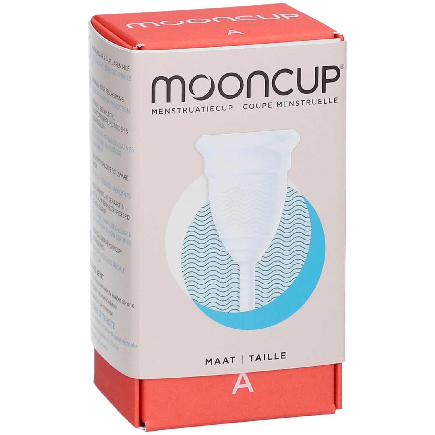 Boîte Mooncup. Coupe menstruelle taille A. Produit blanc. Marque Mooncup.