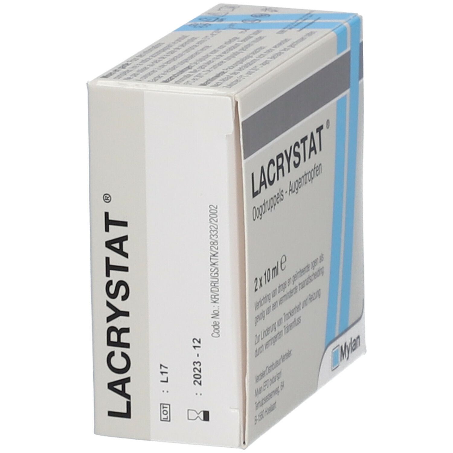 Lacrystat verpakking. Opschrift: 2 x 10 ml. Code en vervaldatum. Mylan logo. Tekst in het Nederlands.