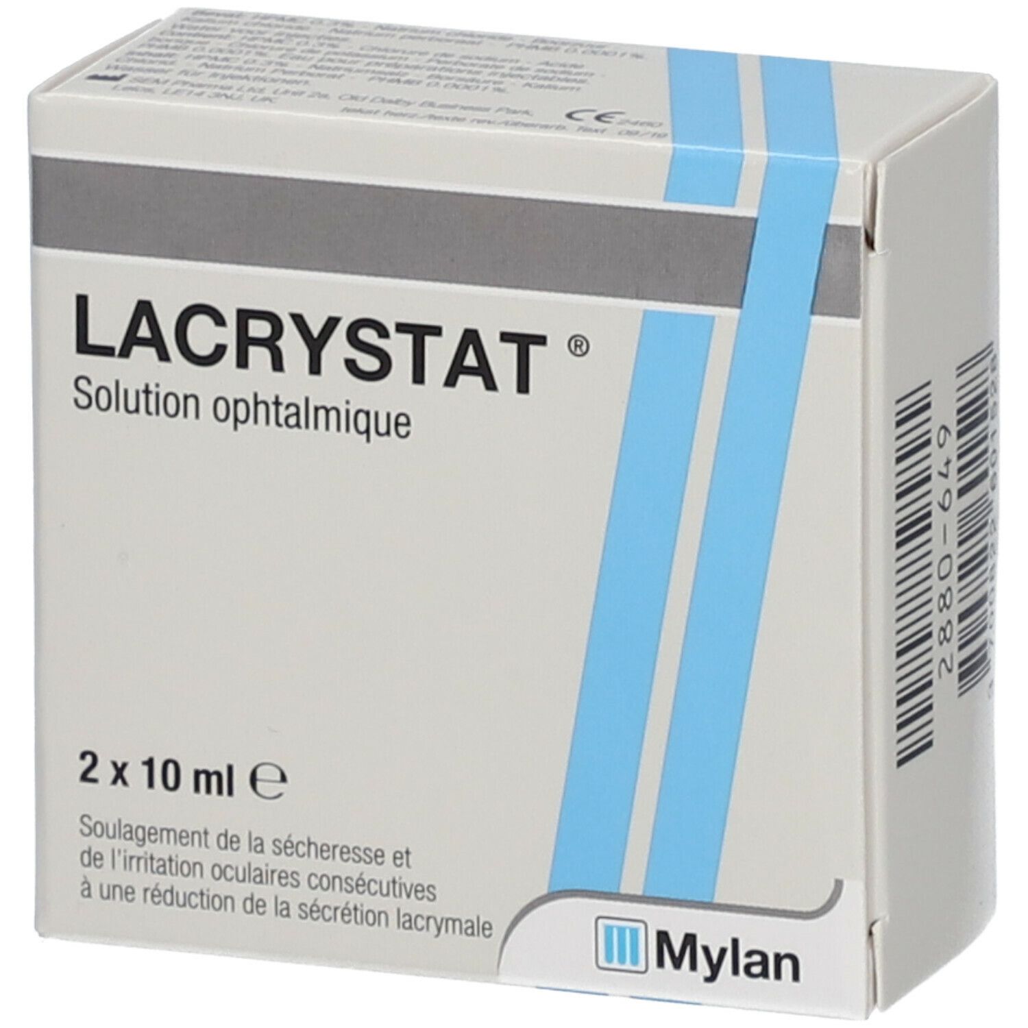 Verpakking Lacrystat Solution ophtalmique. Bevat 2 x 10 ml. Mylan logo. Tekst in het Frans.