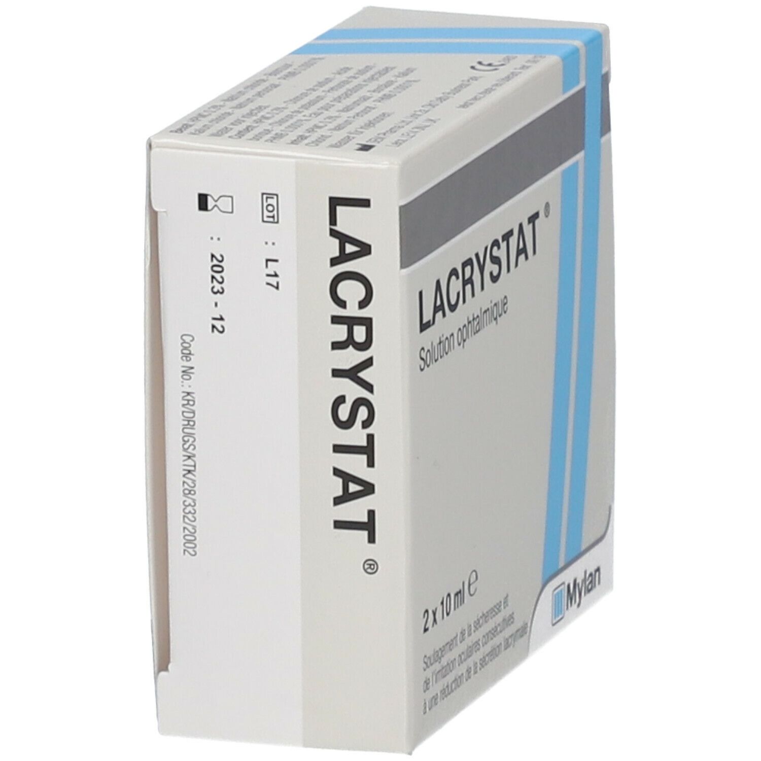 Lacrystat Solution ophtalmique verpakking. 2 x 10 ml. Code en vervaldatum. Mylan logo. Tekst in het Frans.