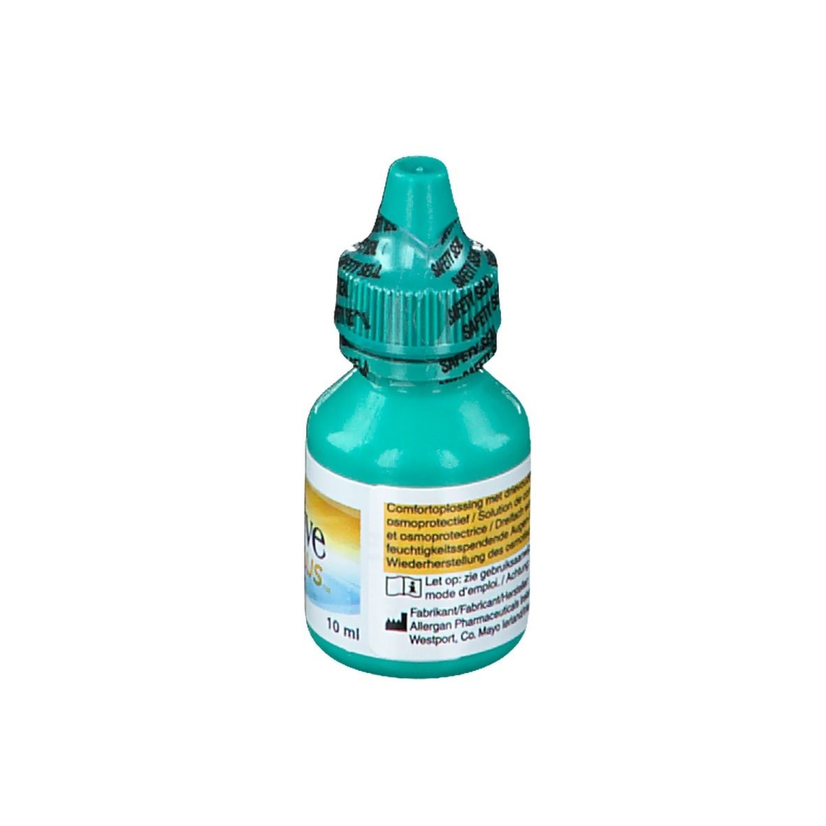 Groene fles met geel etiket. Tekst in meerdere talen. Fabrikant: Allergan. 10 ml.