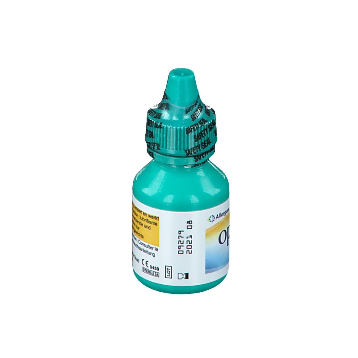 Groene fles met geel etiket. Tekst in meerdere talen. Fabrikant: Allergan. 10 ml.