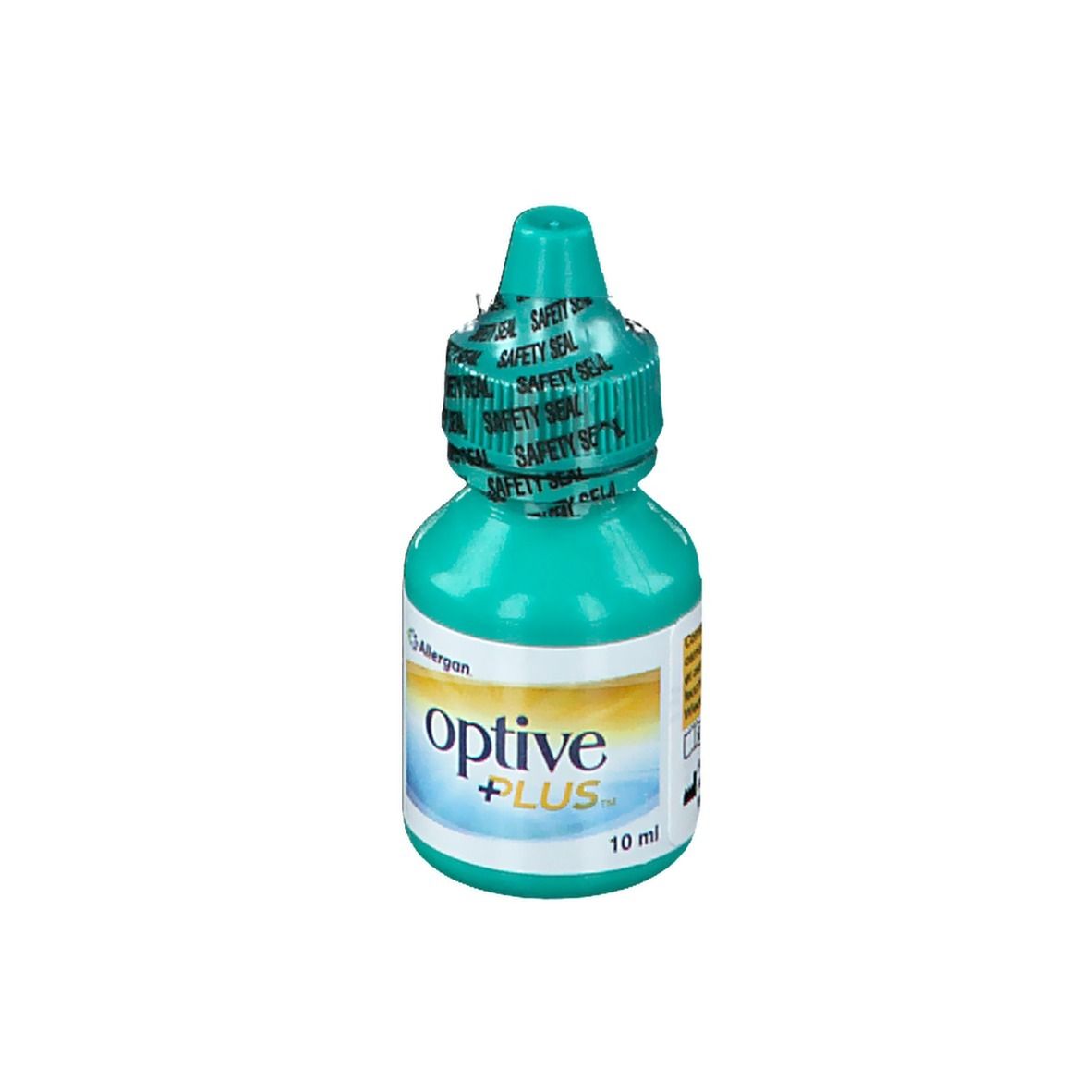 Groene fles met wit etiket. Opschrift: Optive Plus. 10 ml. Fabrikant: Allergan.