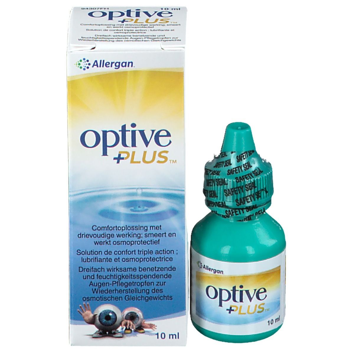 Optive Plus fles en verpakking. Verpakking met productnaam en fabrikant. 10 ml.
