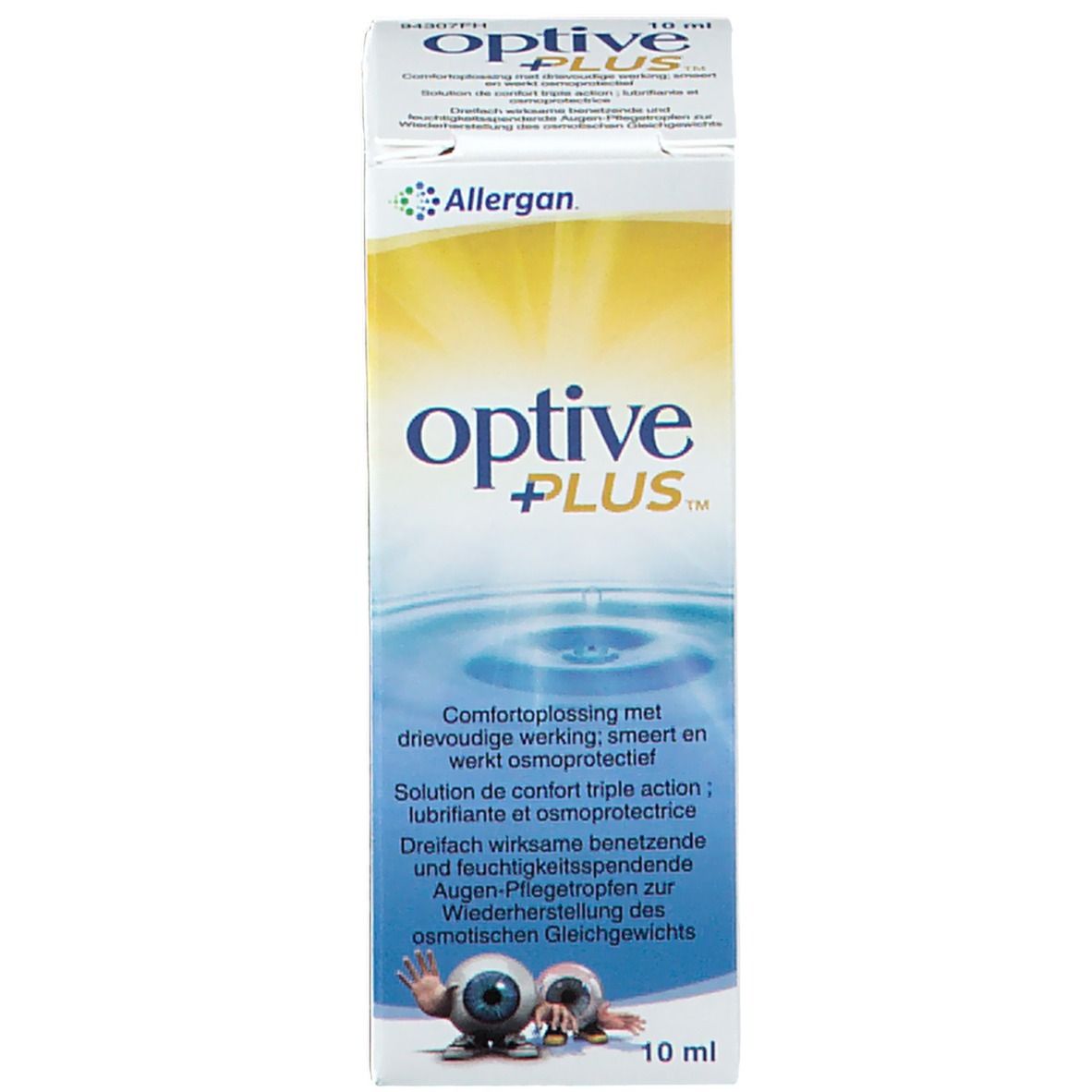 Optive Plus fles en verpakking. Verpakking met productnaam en fabrikant. 10 ml.