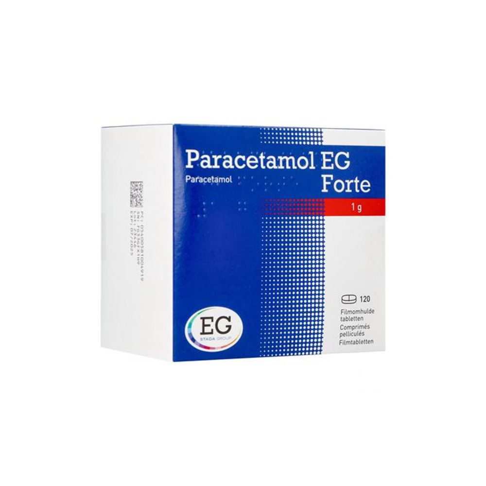 Doos Paracetamol EG Forte 1 g. Blauw en witte verpakking. EG-logo. 120 tabletten.