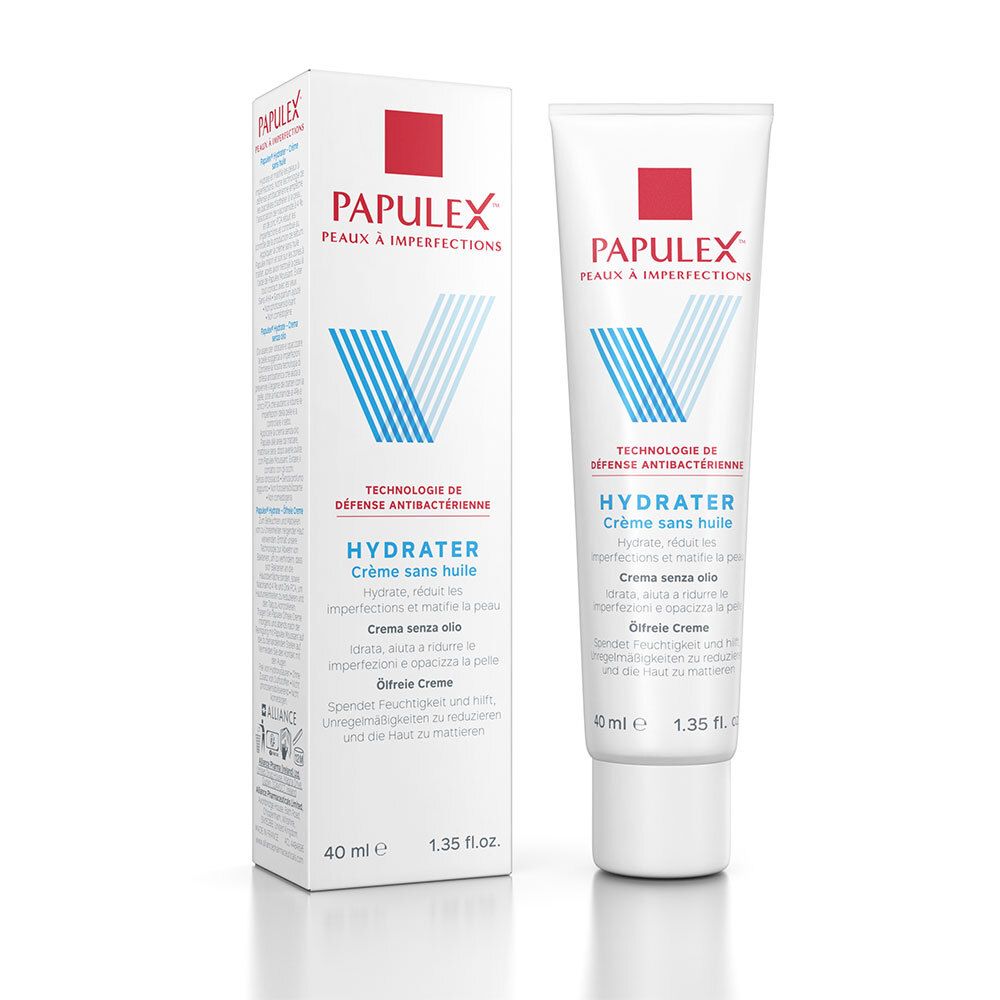 Tube et boîte blancs avec carré rouge et logo V bleu. Texte: PAPULEX, HYDRATER Crème sans huile, 40 ml.