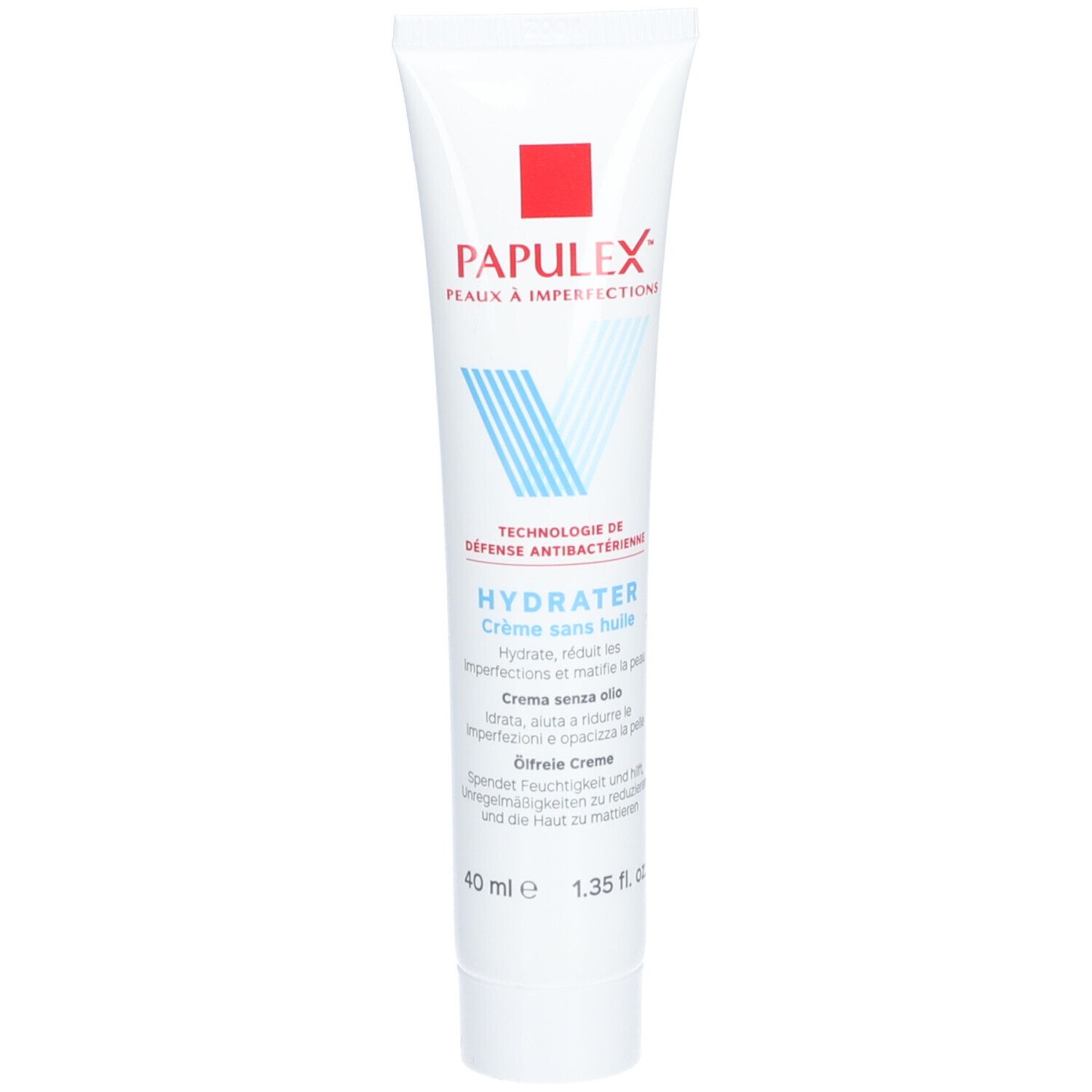 Tube blanc avec carré rouge et logo V bleu. Texte: PAPULEX, HYDRATER Crème sans huile, 40 ml.