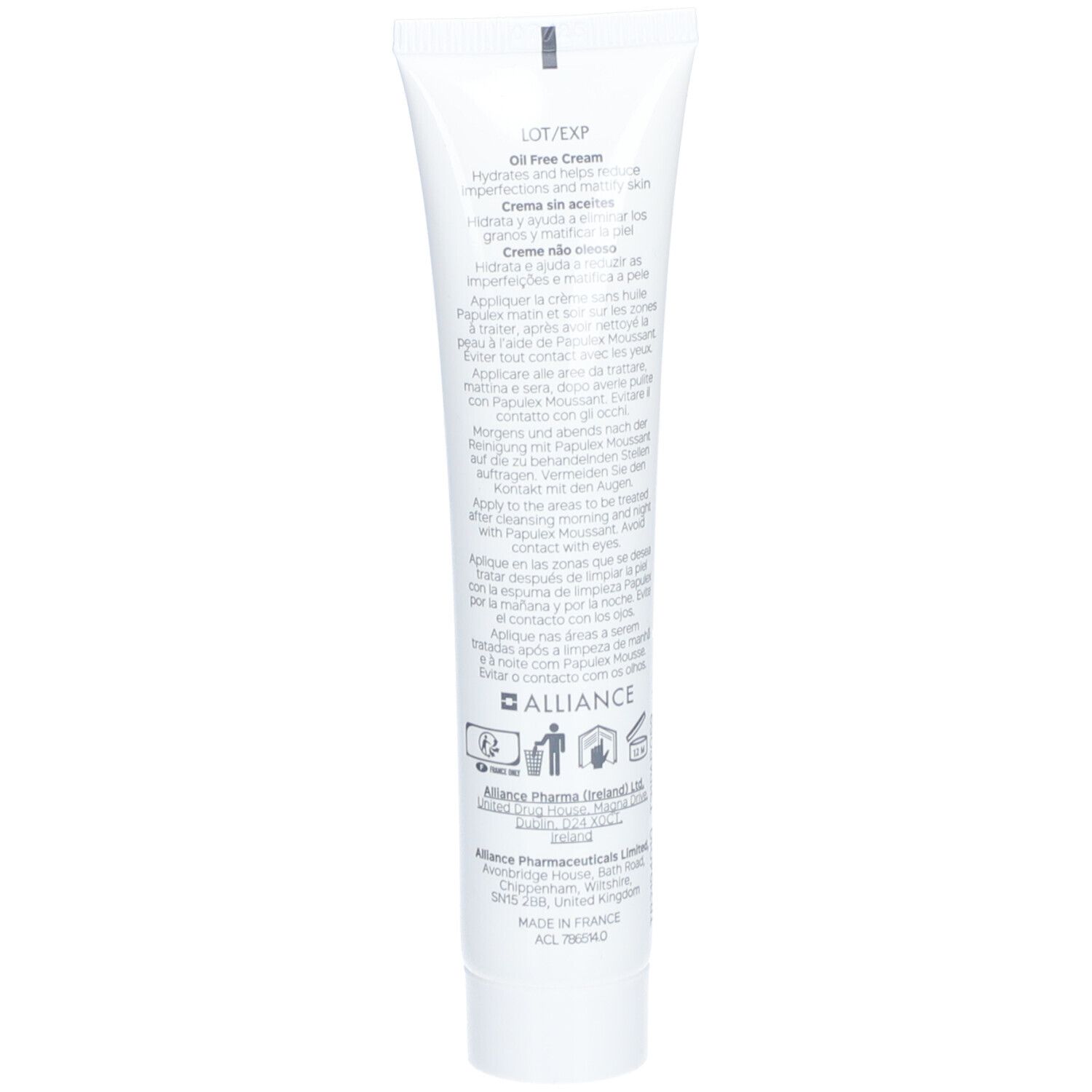 Dos du tube blanc. Texte: LOT/EXP, Oil free Cream, Alliance Pharma (Irlande) Ltd. Fabriqué en France.