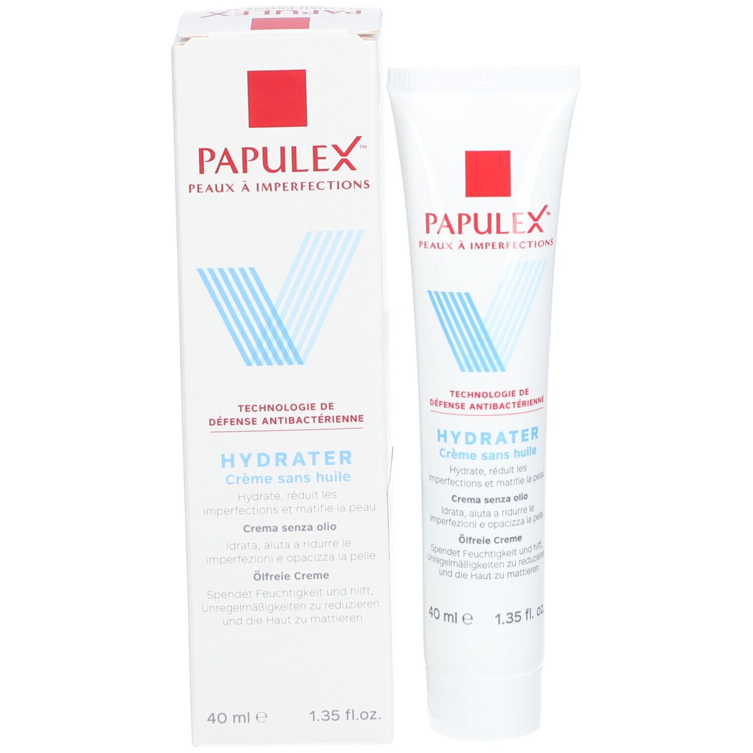 Tube et boîte blancs avec carré rouge et logo V bleu. Texte: PAPULEX, HYDRATER Crème sans huile, 40 ml.