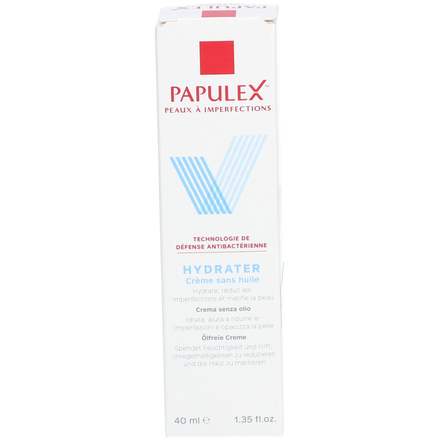 Boîte avec carré rouge et logo V bleu. Texte: PAPULEX, HYDRATER Crème sans huile, 40 ml.