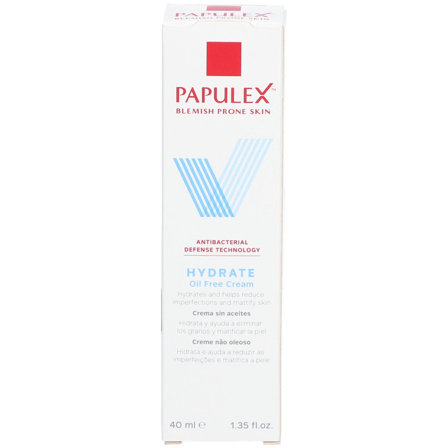 Boîte avec carré rouge et logo V bleu. Texte: PAPULEX, Blemish prone skin, HYDRATE Oil free Cream, 40 ml.