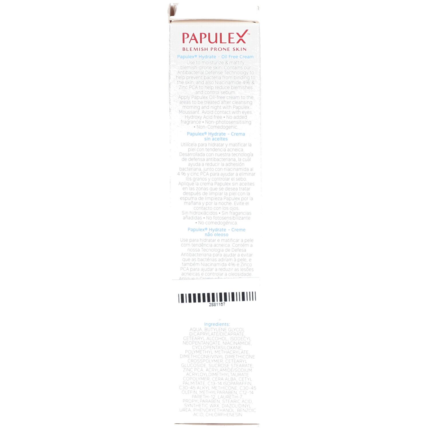 Dos de la boîte. Texte: PAPULEX Hydrater Oil Free Cream, Alliance Pharma, instructions d'utilisation, ingrédients.