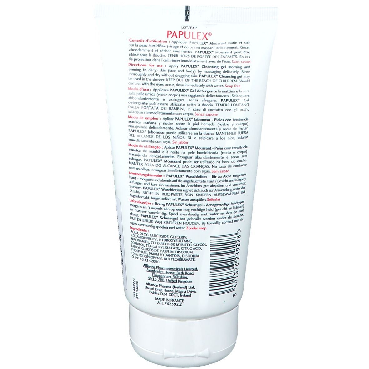 Dos du tube blanc avec texte et code-barres. PAPULEX Moussant, gel pour peaux à imperfections.