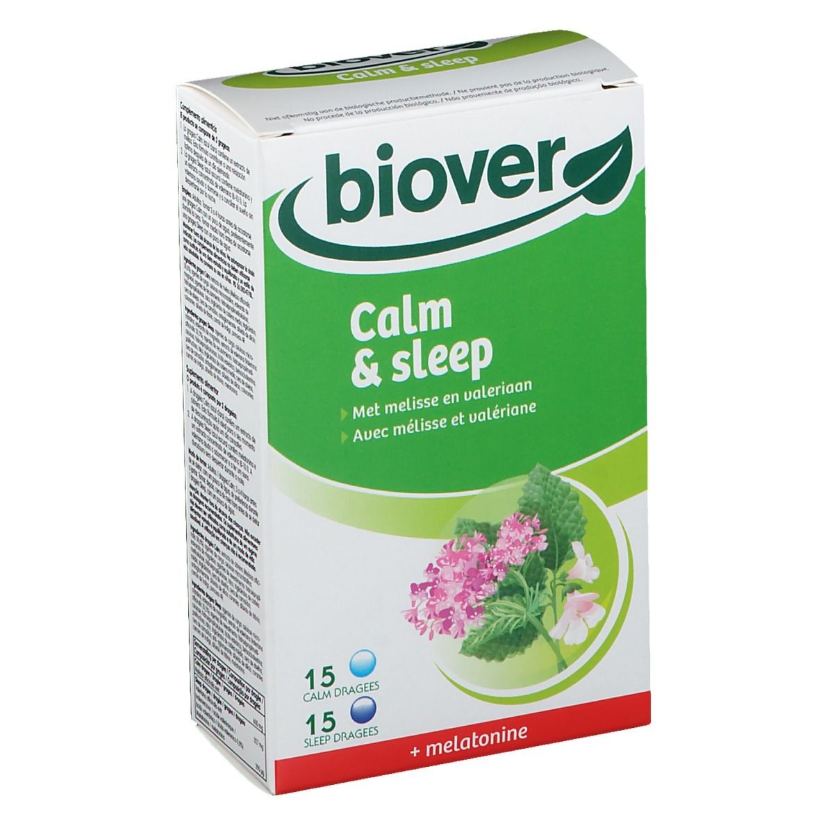 Boîte Biover Calm & Sleep. Vert et blanc, avec nom du produit, illustration florale et informations sur les ingrédients.