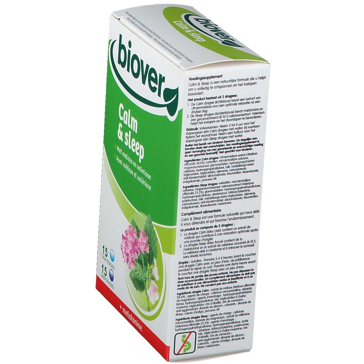 Boîte Biover Calm & Sleep en biais. Vert et blanc, avec nom du produit, illustration florale et informations textuelles.