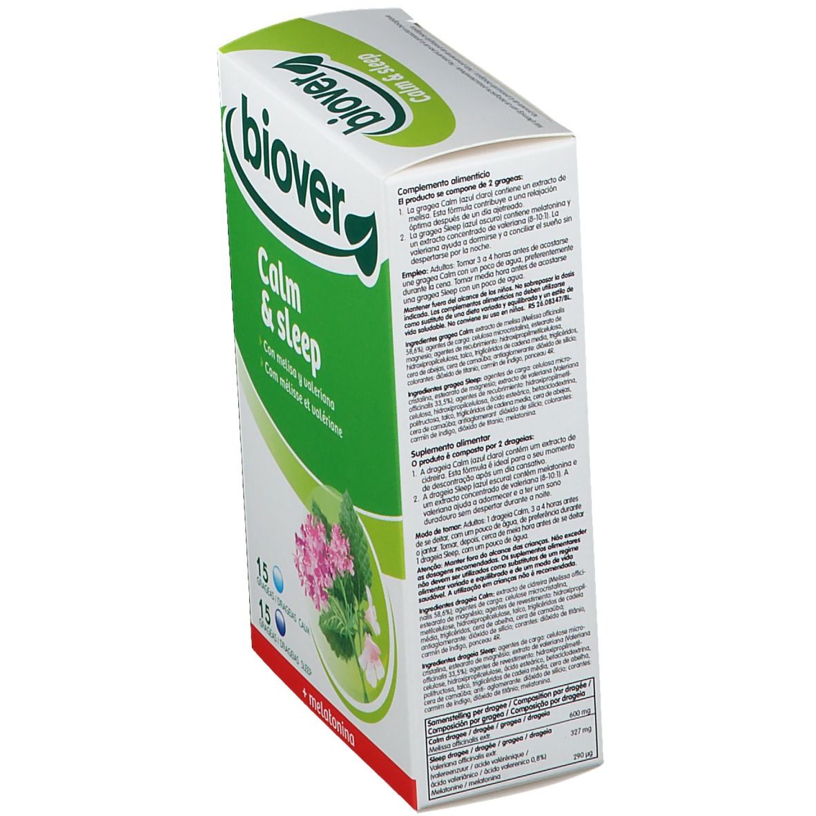 Boîte Biover Calm & Sleep en biais. Vert et blanc, avec nom du produit, illustration florale et informations textuelles.