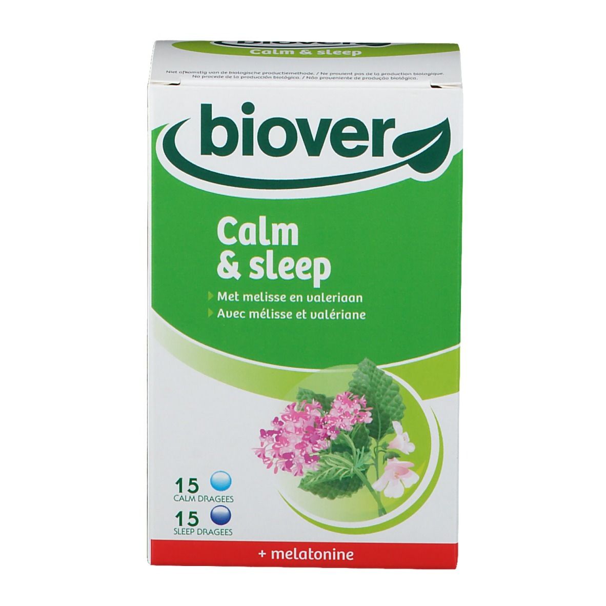 Boîte Biover Calm & Sleep. Vert et blanc, avec nom du produit, illustration florale et informations sur les ingrédients.