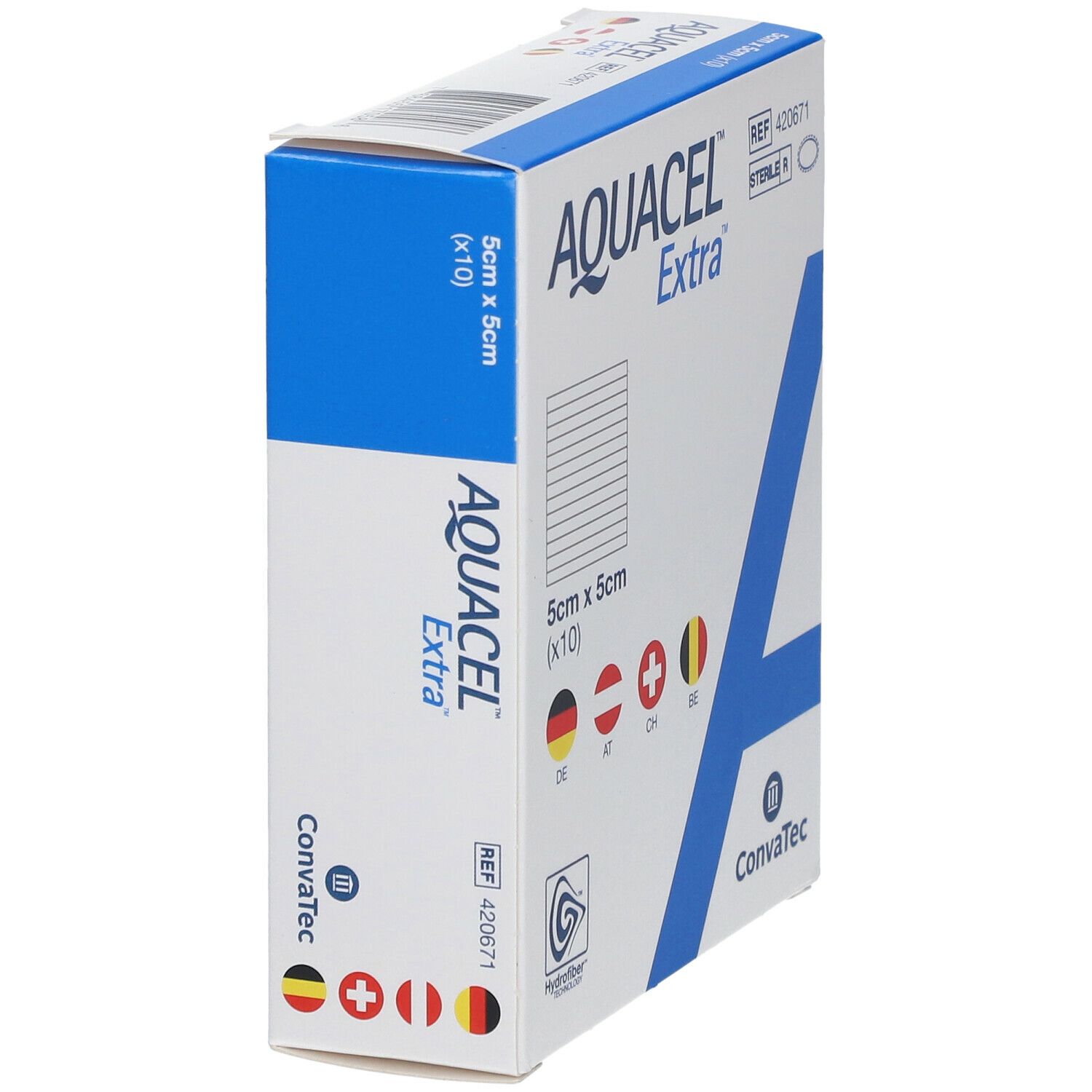 AQUACEL Extra doos. 5cm x 5cm (x10). Vlaggen: DE, AT, CH, BE. Steriel.