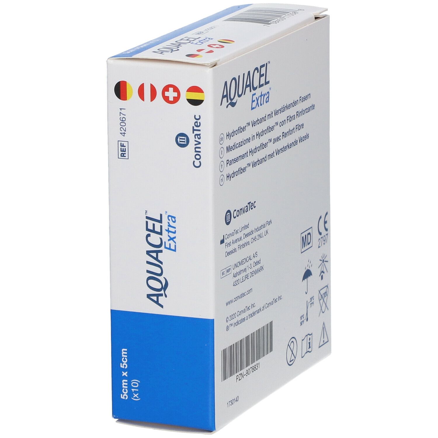 AQUACEL Extra doos. Achterkant met meertalige tekst. CE-markering.