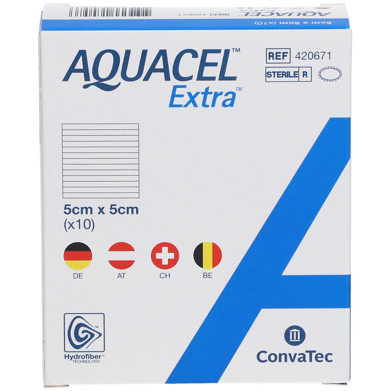 AQUACEL Extra doos. 5cm x 5cm (x10). Vlaggen: DE, AT, CH, BE. Steriel.