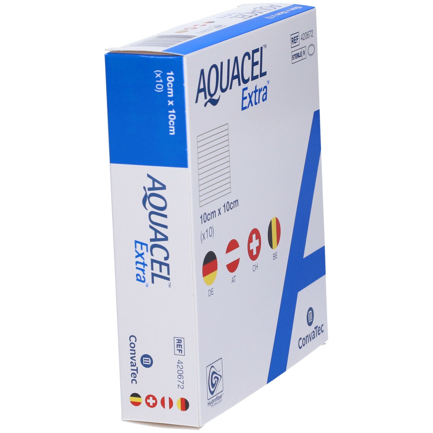 AQUACEL Extra-Verpackung, 10 x 10 cm. ConvaTec-Logo. Mit Länderflaggen (DE, AT, CH, BE).