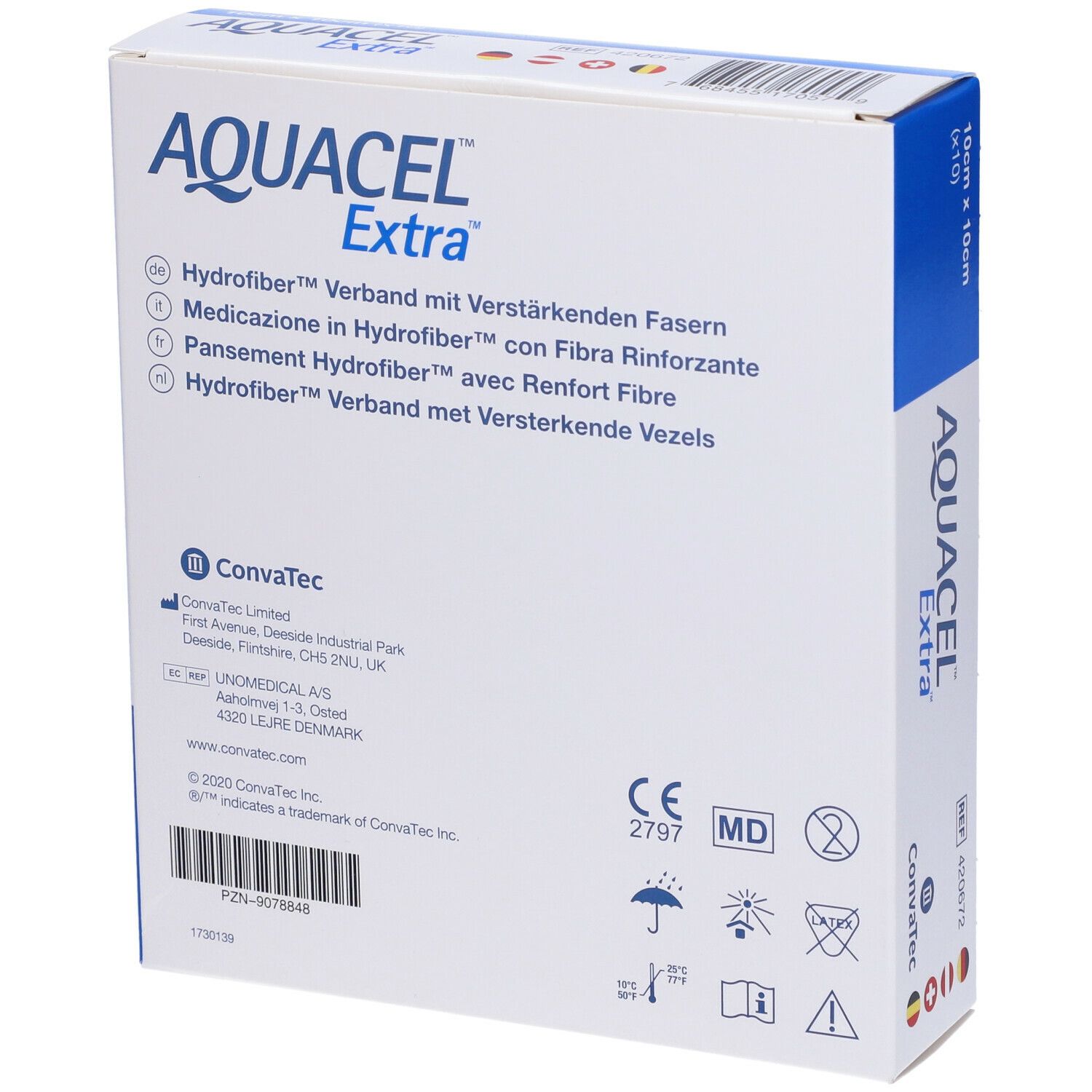 Rückseite der AQUACEL Extra-Verpackung. Text in mehreren Sprachen. ConvaTec-Logo. CE-Kennzeichnung.