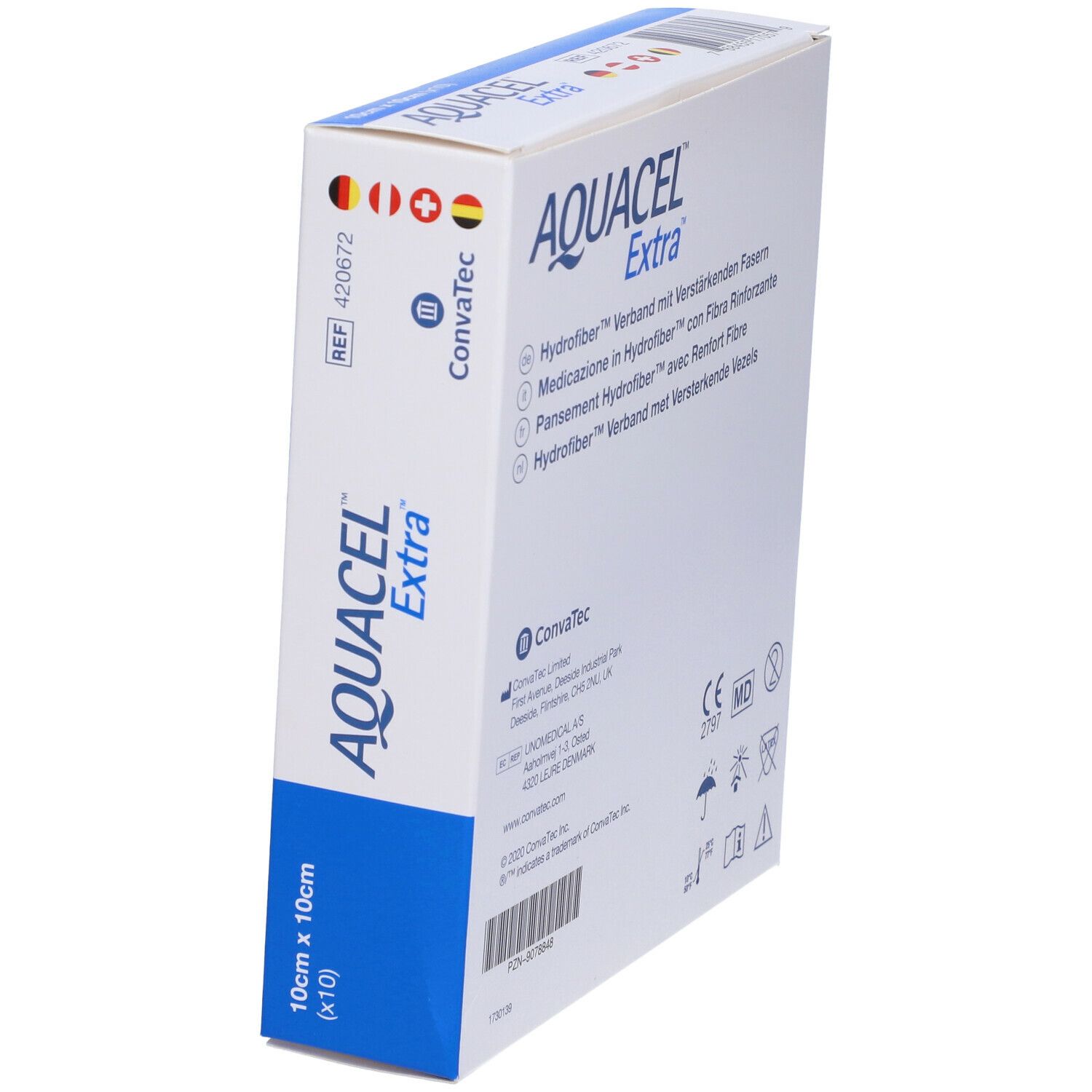 AQUACEL Extra-Verpackung, 10 x 10 cm. Mit Länderflaggen (DE, AT, CH, BE). ConvaTec-Logo. CE-Kennzeichnung.