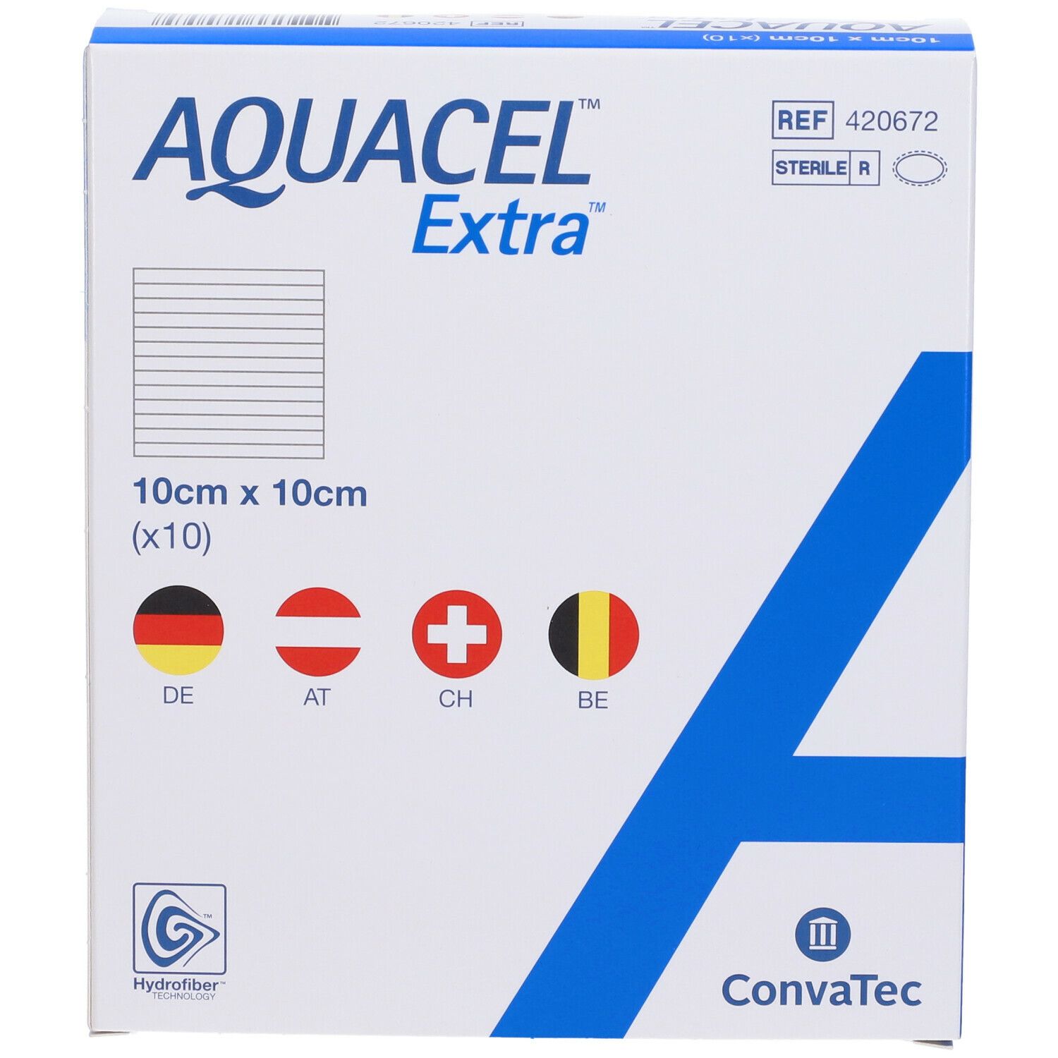 AQUACEL Extra-Verpackung, 10 x 10 cm. Mit Länderflaggen (DE, AT, CH, BE). ConvaTec-Logo. Steril.