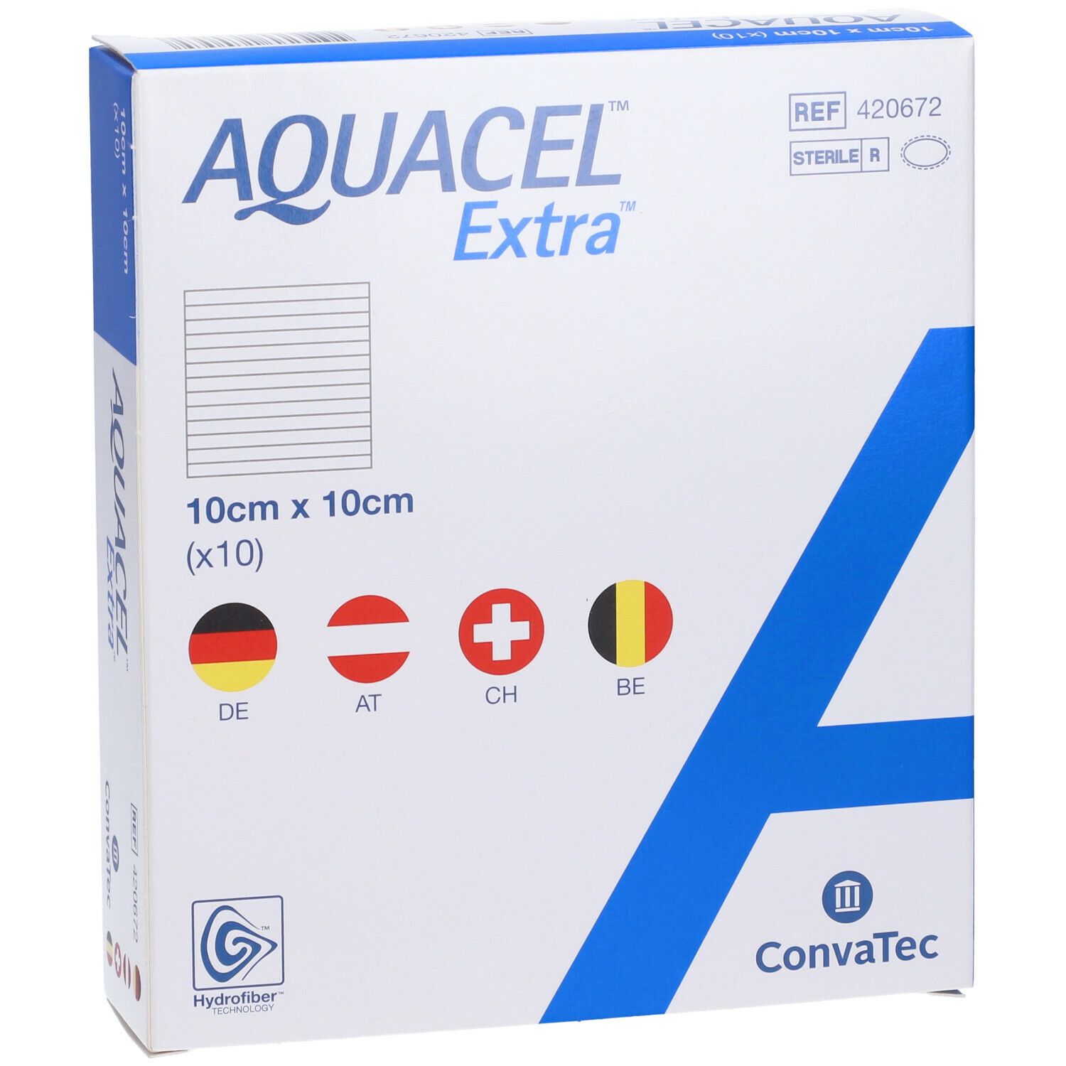 AQUACEL Extra-Verpackung, 10 x 10 cm. Mit Länderflaggen (DE, AT, CH, BE). ConvaTec-Logo. Steril.