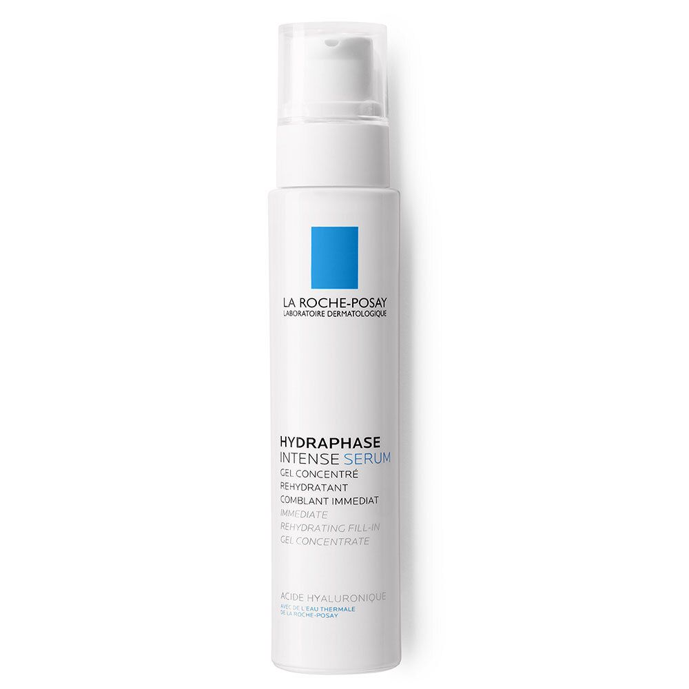 Flacon blanc avec pompe. Carré bleu avec logo. Texte: La Roche-Posay, Hydraphase Intense Serum.