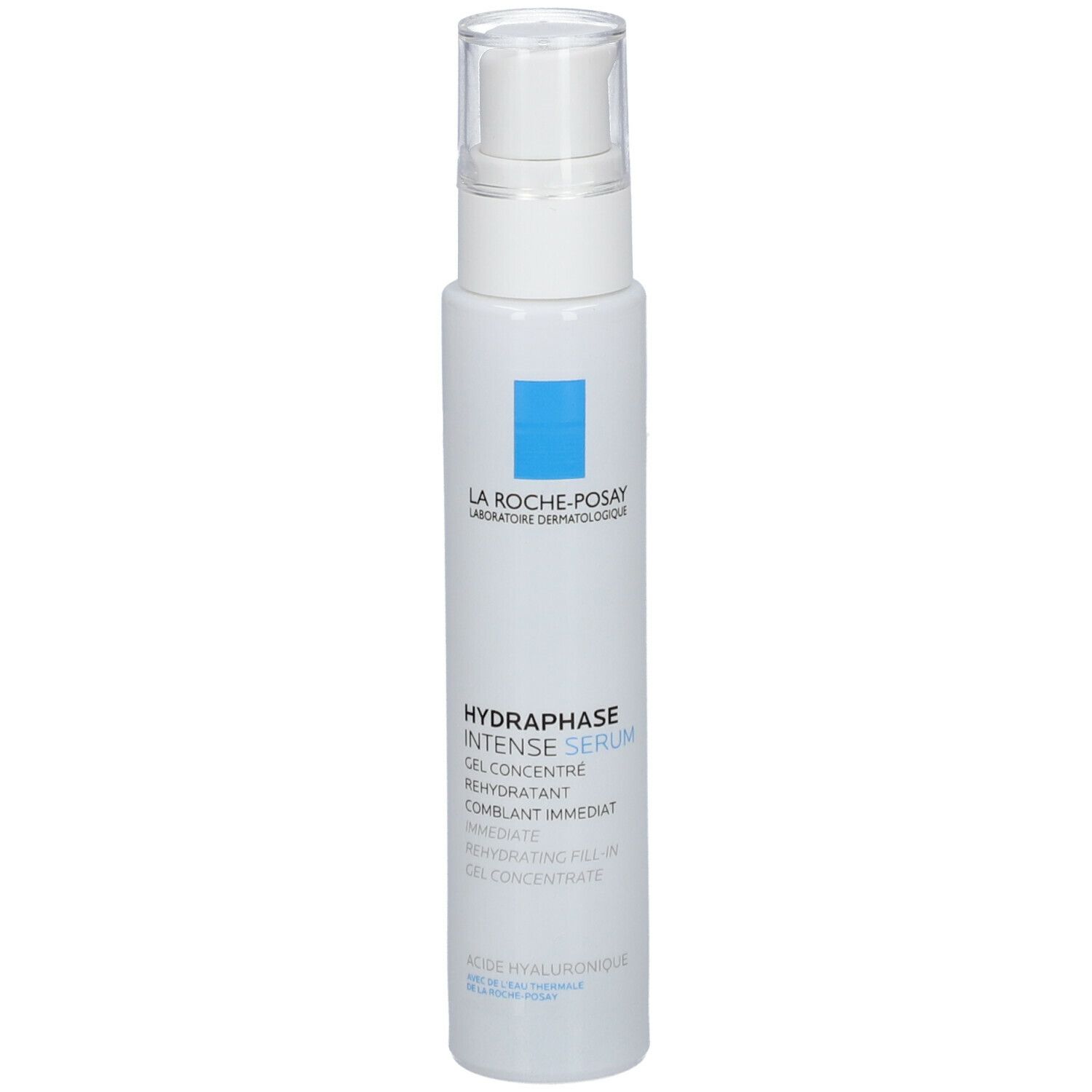 Flacon blanc avec pompe. Carré bleu avec logo. Texte: Hydraphase Intense Serum.
