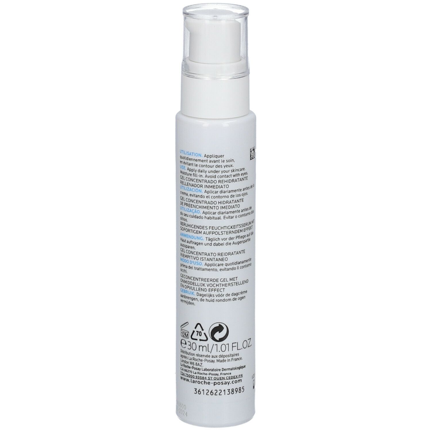 Dos du flacon blanc. Texte multilingue. Volume: 30 ml/1.01 FL.OZ.
