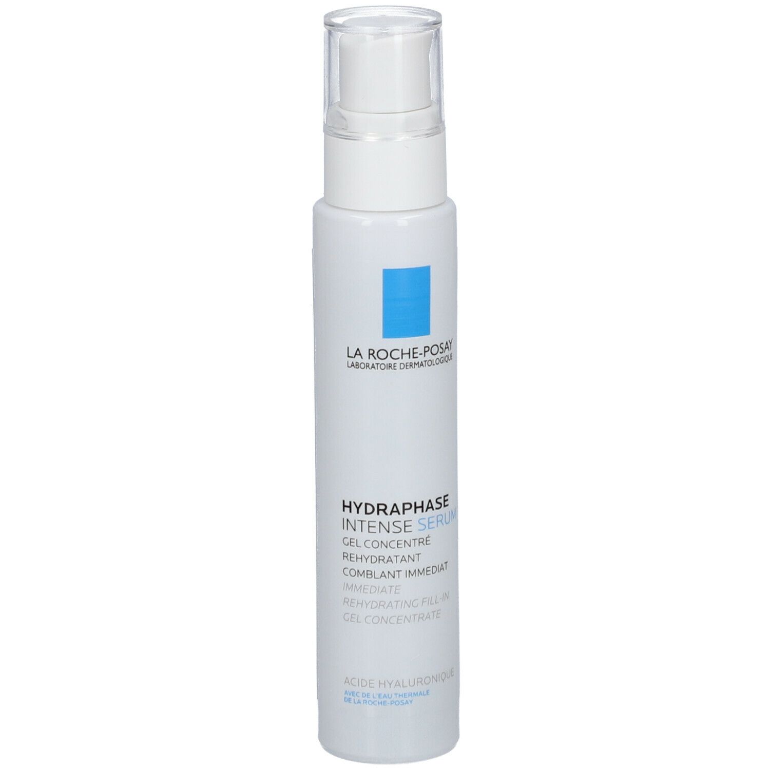 Flacon blanc avec pompe et carré bleu. Texte: Hydraphase Intense Serum. Emballage.