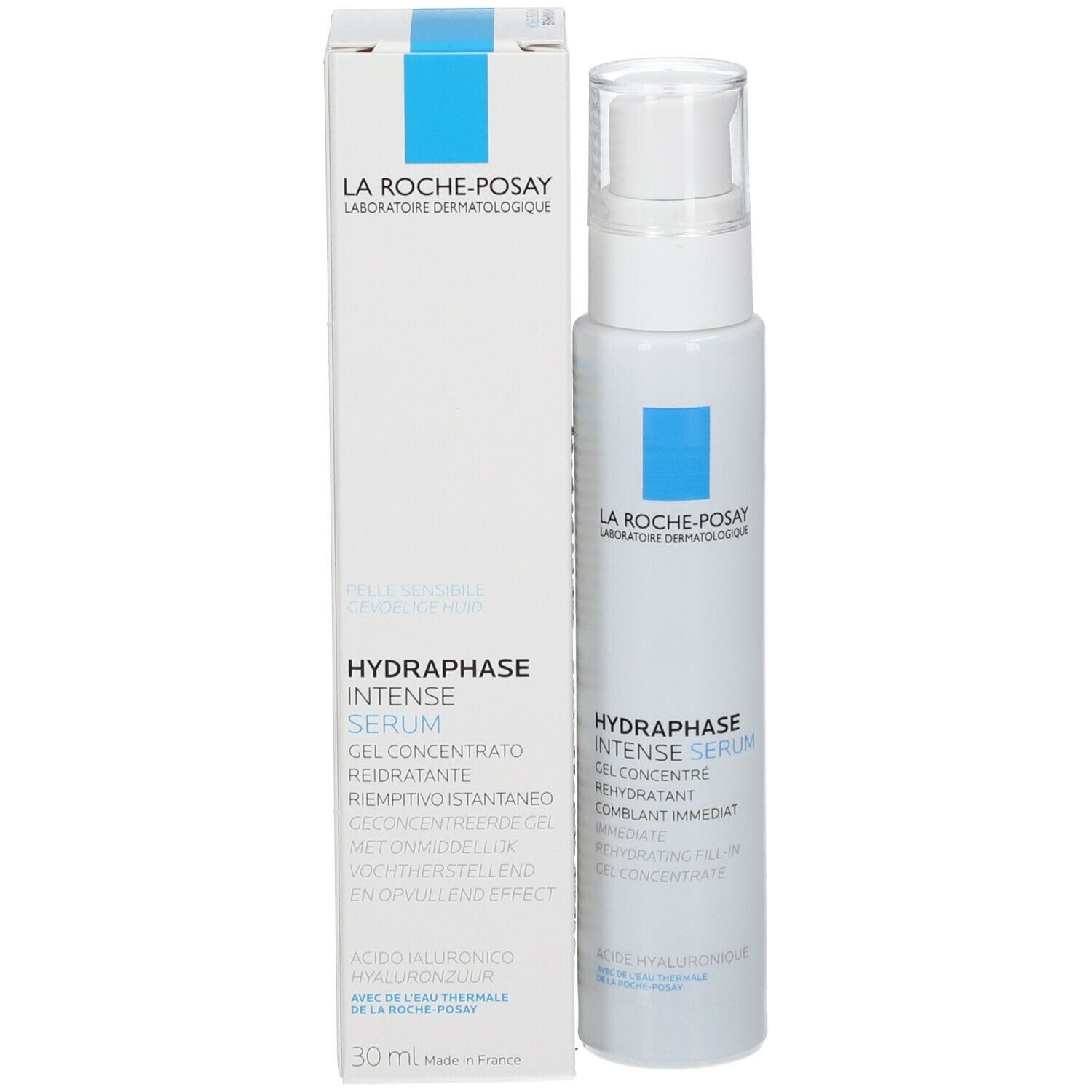 Emballage blanc avec carré bleu. Texte: Hydraphase Intense Serum. Volume: 30 ml.