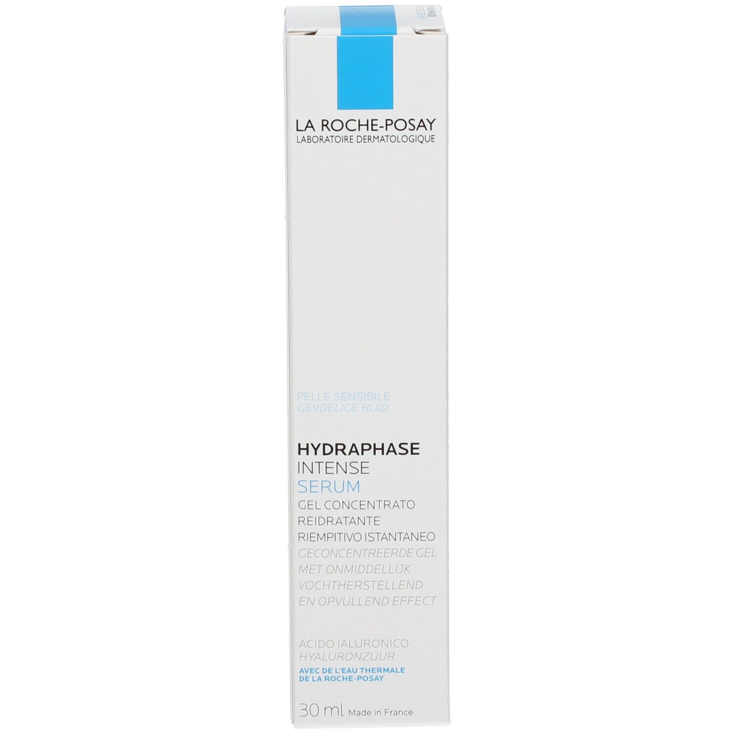 Emballage blanc. Texte: Hydraphase Intense Serum. Volume: 30 ml. Avec flacon.