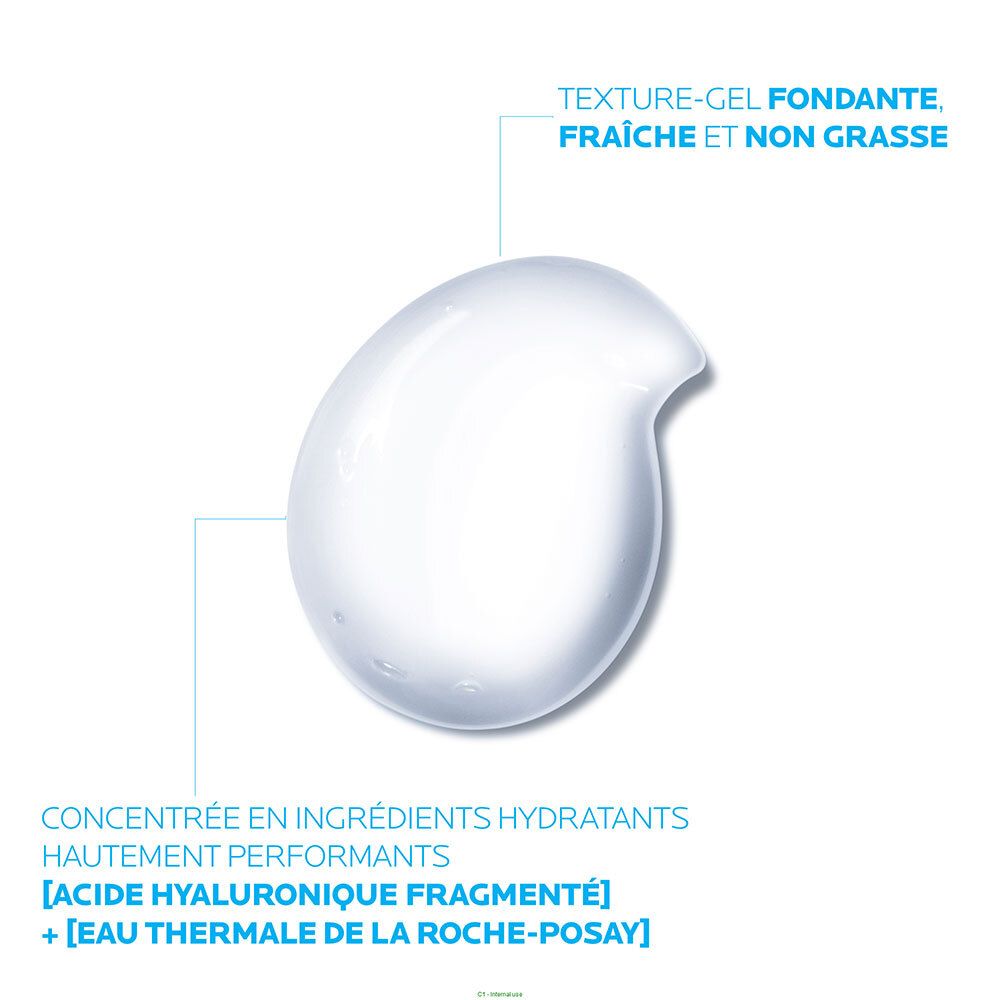 Texture gel. Texte: Concentrée en ingrédients hydratants, acide hyaluronique fragmenté.