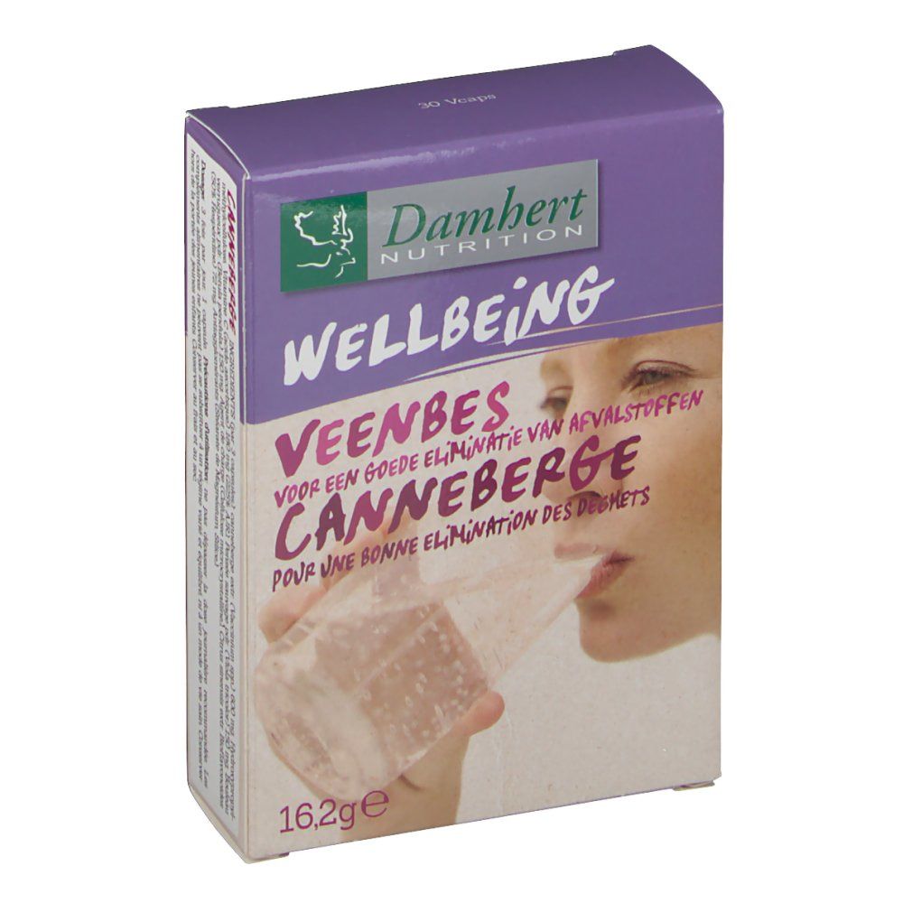 Boîte lilas avec logo Damhert Nutrition et texte. Inscription: Wellbeing, Veenbes Canneberge. Personne boit dans un verre.