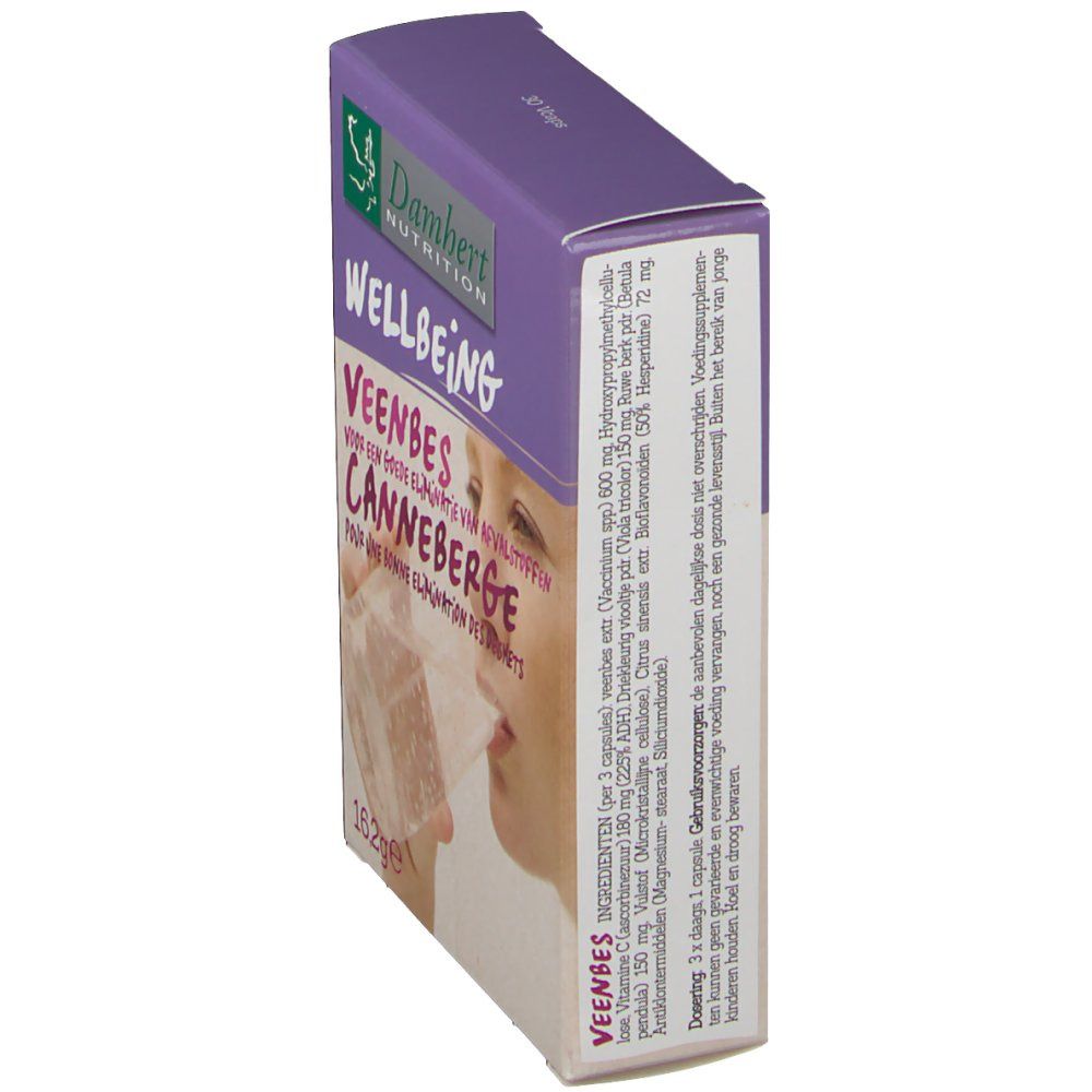 Boîte lilas avec logo Damhert Nutrition et texte. Inscription: Wellbeing, Veenbes Canneberge. Vue latérale avec texte.